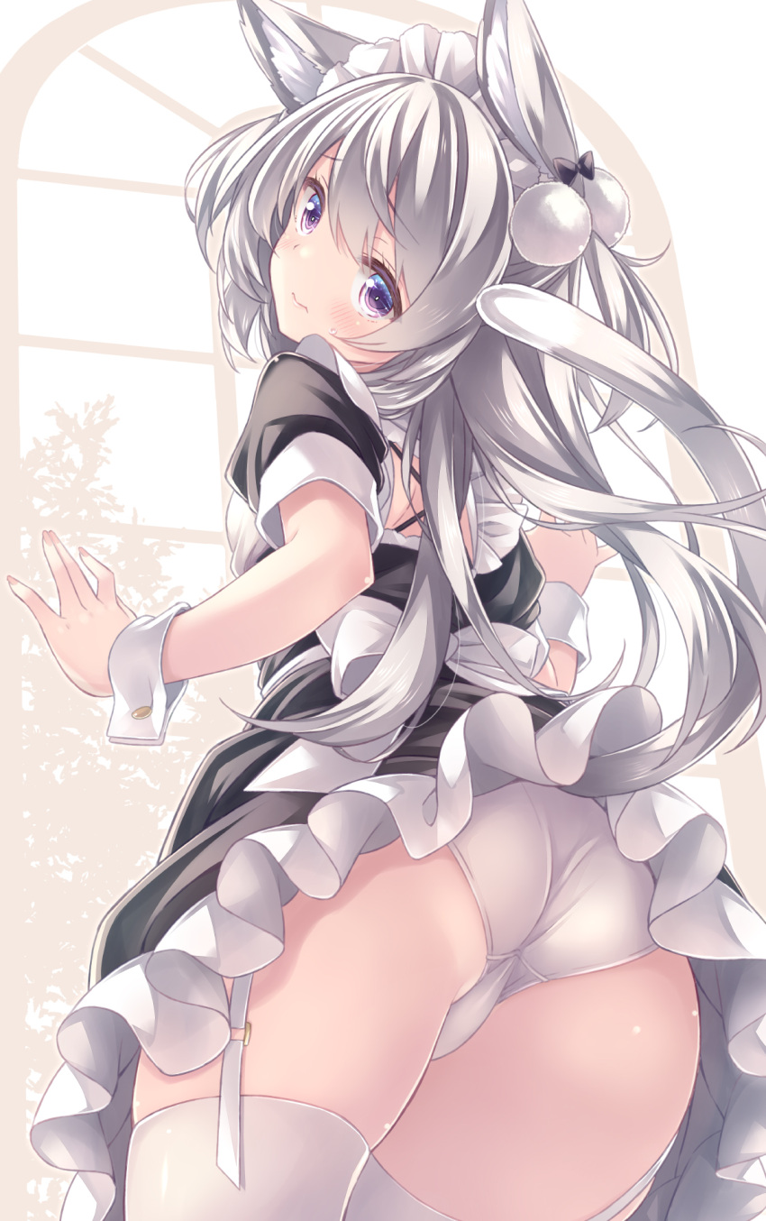 1girl animal_ears blush cat_ears cat_tail from_behind garter_straps grey_hair highres long_hair looking_at_viewer maid original panties purple_eyes ryo_(botugo) solo tail thighhighs underwear white_panties white_thighhighs wrist_cuffs