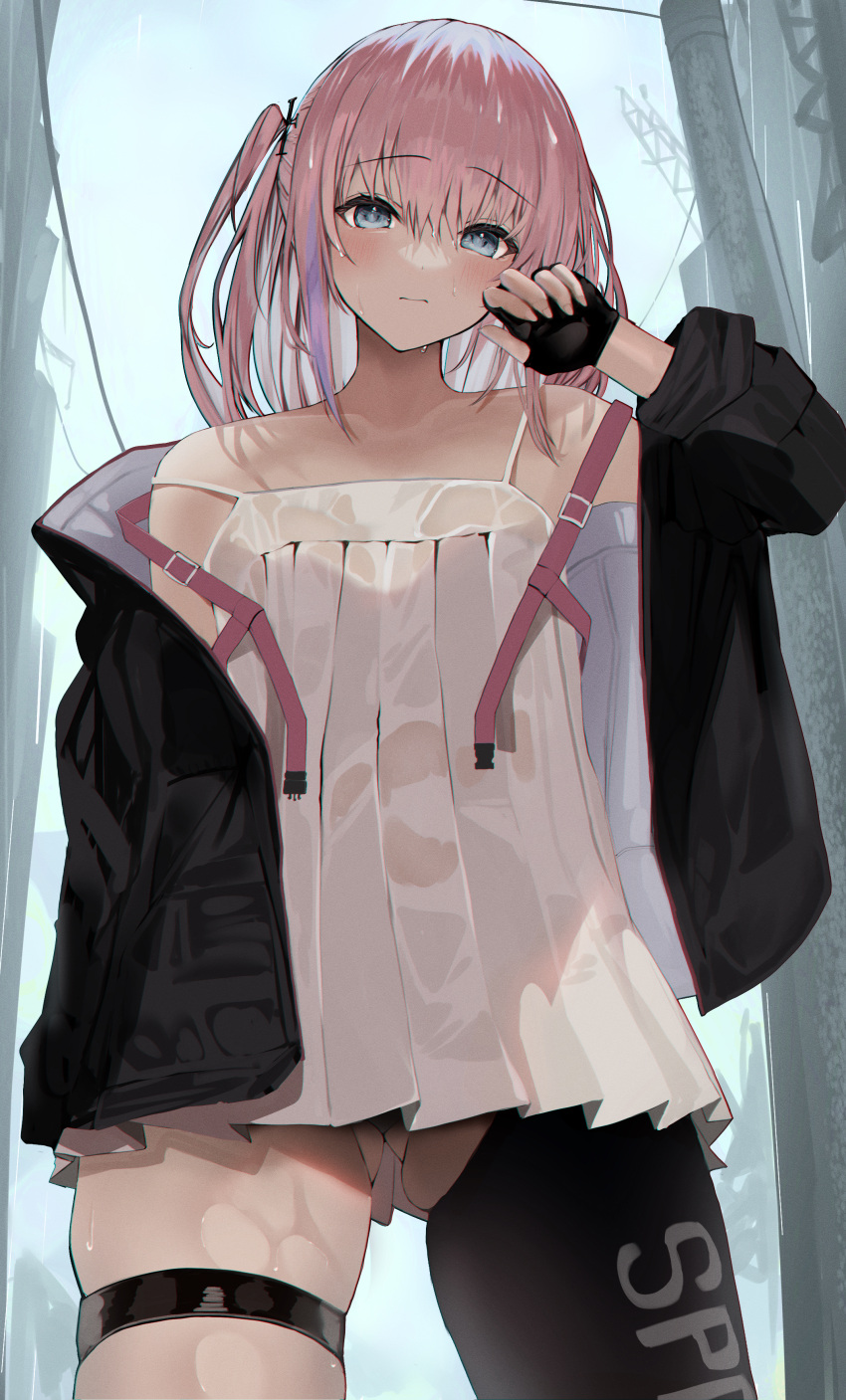 1girl absurdres ass_visible_through_thighs bare_shoulders black_gloves black_jacket blue_eyes blush camisole cowboy_shot fingerless_gloves girls'_frontline gloves highres jacket long_hair looking_at_viewer off_shoulder one_side_up open_clothes open_jacket oreazu outdoors panties pantyshot pink_hair single_thighhigh skindentation solo st_ar-15_(girls'_frontline) thigh_strap thighhighs underwear wet wet_clothes wet_hair white_camisole