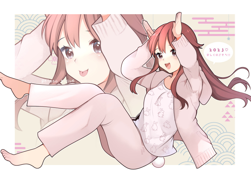 1girl 2023 absurdres animal_print barefoot blush border brown_eyes commentary_request happy_new_year highres long_hair long_sleeves open_mouth original outside_border pajamas pink_pajamas rabbit_pose rabbit_print rabbit_tail red_hair shirt sidelocks solo tail tongue tongue_out toru_nagase white_border white_shirt