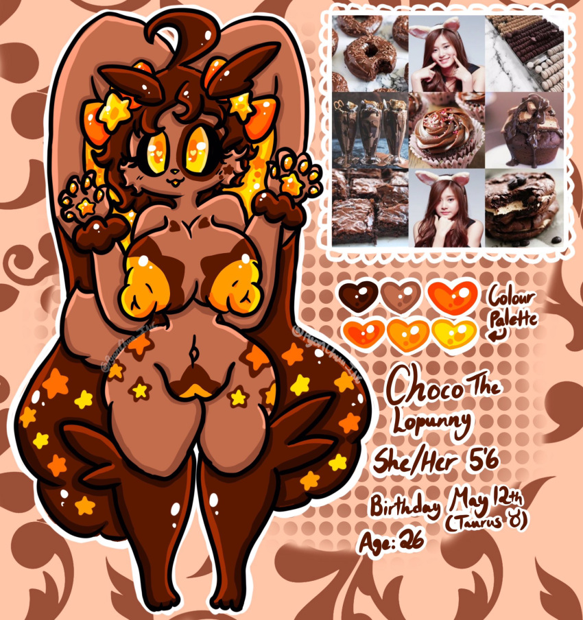 5_fingers anthro breasts brown_body brown_fur brown_hair choco_the_lopunny english_text female fingers fur generation_4_pokemon genitals hair hi_res lewdchuu_(artist) long_ears lopunny navel nintendo nipples orange_nipples pokemon pokemon_(species) pussy solo star text yellow_eyes