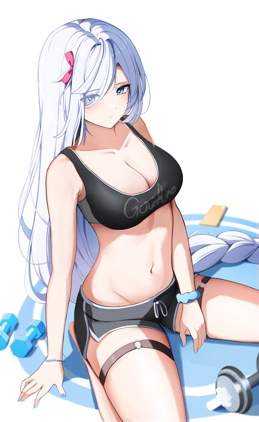 1girl absurdres bare_shoulders black_shorts blue_eyes bow braid breasts cleavage commentary_request crop_top dumbbell genshin_impact hair_bow hair_over_one_eye highres large_breasts long_hair looking_at_viewer midriff navel pink_bow seiza shenhe_(genshin_impact) short_shorts shorts sitting solo stomach thigh_strap thighs very_long_hair white_background white_hair yeni1871