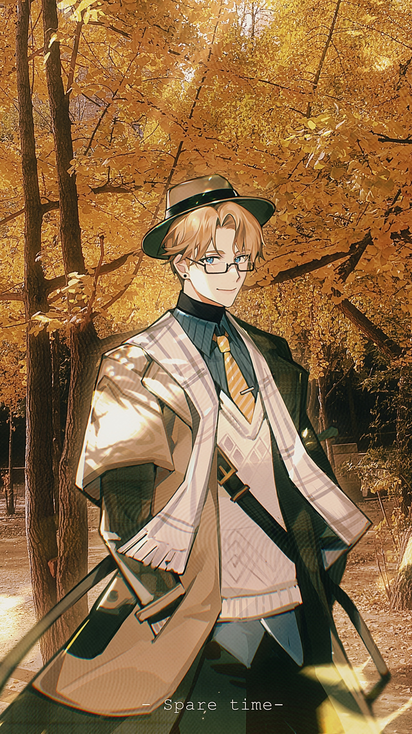 1boy absurdres autumn blonde_hair blue_eyes blue_shirt branch brown_coat brown_headwear chinese_commentary chrome:_glory_(punishing:_gray_raven) chrome_(punishing:_gray_raven) coat collared_shirt commentary cowboy_shot earrings fedora glasses hand_in_pocket hat highres jewelry kakukaku666 looking_at_viewer male_focus necktie official_alternate_costume open_clothes open_coat park parted_bangs photo_background procreate_(medium) punishing:_gray_raven rectangular_eyewear scarf shirt solo striped striped_necktie striped_shirt stud_earrings sweater_vest tie_clip tree untucked_shirt v-neck vertical-striped_shirt vertical_stripes white_scarf white_sweater_vest yellow_leaves yellow_necktie