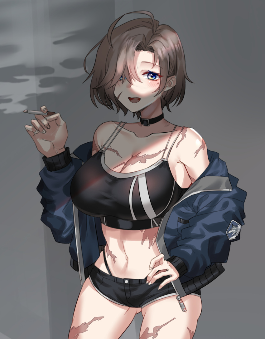 1girl absurdres ahoge armored_core armored_core_6 black_sports_bra blue_eyes breasts brown_hair cigarette cleavage genderswap genderswap_(mtf) hair_over_one_eye highres holding holding_cigarette jacket large_breasts medium_hair mole mole_under_eye open_clothes open_jacket scar scar_on_arm scar_on_breasts scar_on_face scar_on_leg scar_on_stomach short_shorts shorts solo sports_bra tomoru_(tomanvil_3) v.iv_rusty