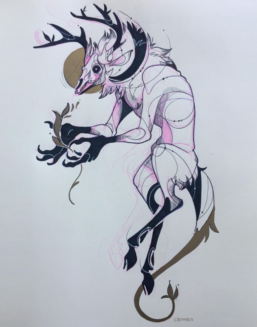 ambiguous_gender anthro antlers black_sclera bone c3rmen claws deer duochrome floating fluffy gradient_fur guide_lines hi_res hooves horn hunched_over hybrid inked king looking_at_viewer mammal monster plant pupils royalty skull skull_head solo standing tuft white_pupils
