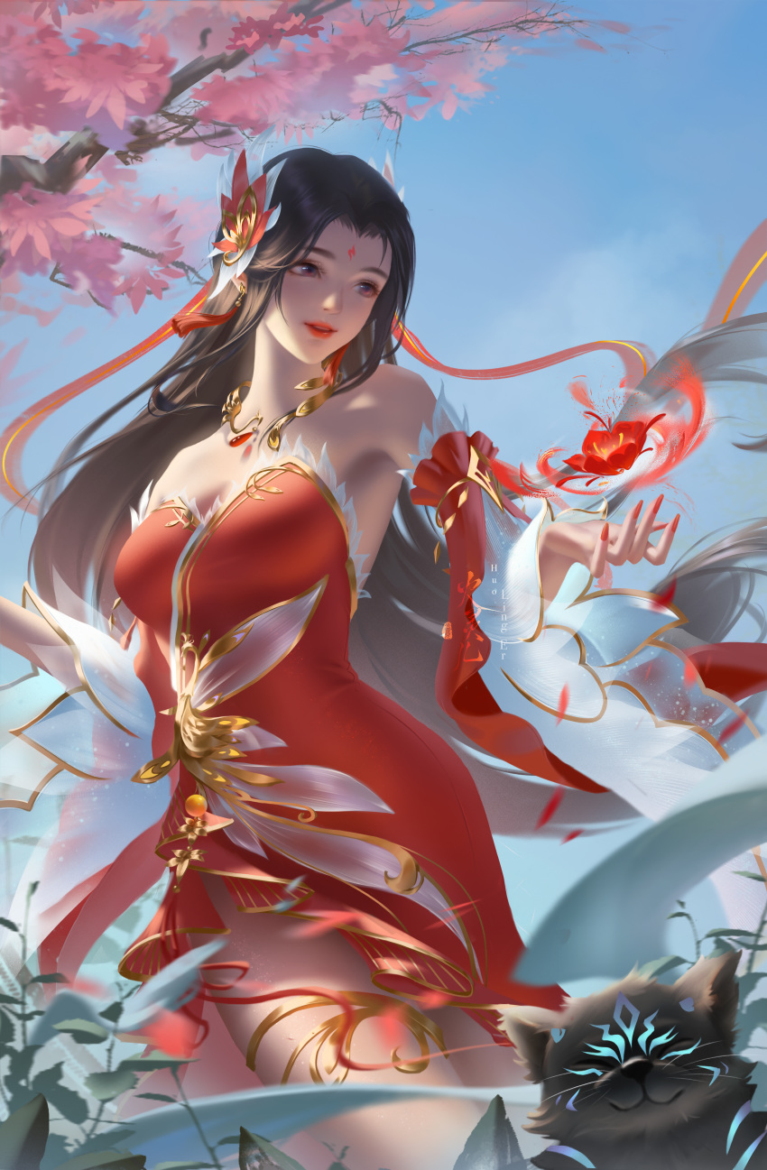 1girl absurdres bare_shoulders blue_sky brown_hair cat detached_sleeves dress facial_mark falling_petals floating floating_object forehead_mark fusang_buhui_huahua hair_ornament highres huo_linger_(wanmei_shijie) jewelry long_hair necklace parted_lips petals red_dress red_nails second-party_source sky solo teeth thighlet upper_body upper_teeth_only wanmei_shijie