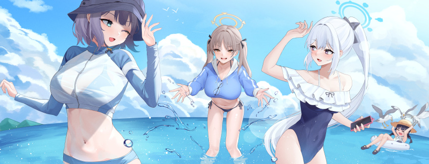 4girls absurdres aqua_eyes bikini black_hair black_ribbon blue_archive blue_bikini blue_hoodie blue_sky blurry blurry_background blush breasts bucket_hat cleavage cloud collarbone commentary_request crocs crop_top grey_hair hair_intakes hair_ribbon halo hat highres hood hoodie large_breasts light_brown_hair long_hair looking_at_another miyako_(blue_archive) miyako_(swimsuit)_(blue_archive) miyu_(blue_archive) miyu_(swimsuit)_(blue_archive) moe_(blue_archive) moe_(swimsuit)_(blue_archive) multiple_girls navel ocean official_alternate_costume open_mouth outdoors ponytail purple_eyes rabbit_platoon_(blue_archive) rash_guard ribbon saki_(blue_archive) saki_(swimsuit)_(blue_archive) see-through side-tie_bikini_bottom sky small_breasts smile splashing stomach straw_hat sun_hat sunlight swimsuit twintails very_long_hair wading yellow_eyes zeil