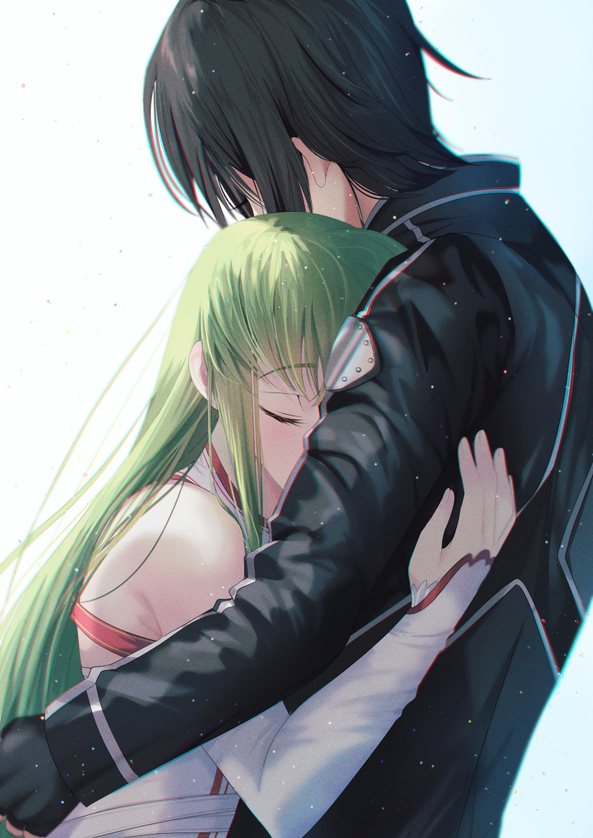 1boy 1girl absurdres asuna_(sao) asuna_(sao)_(cosplay) bare_shoulders black_gloves black_hair black_jacket blush budgiepon c.c. closed_eyes code_geass collar commentary cosplay couple eyelashes from_side gloves green_hair hair_between_eyes hetero highres hug jacket kirito kirito_(cosplay) lelouch_vi_britannia light_particles long_sleeves shirt short_hair sidelocks simple_background spiked_hair sword_art_online upper_body white_background white_collar white_shirt