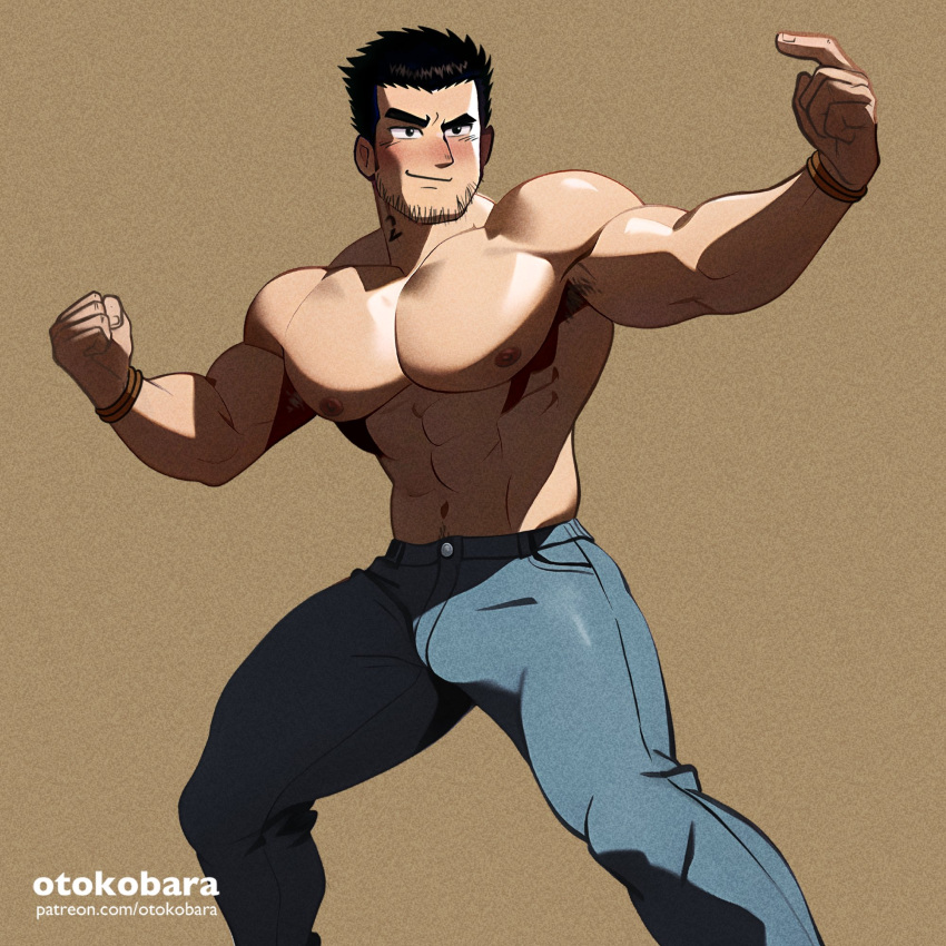 1boy abs artist_name bara black_hair blue_pants blush clenched_hand closed_mouth highres large_pectorals lucas_lee male_focus muscular muscular_male navel nipples otokobara pants patreon_username pectorals scott_pilgrim_(series) scott_pilgrim_takes_off short_hair smile solo topless_male