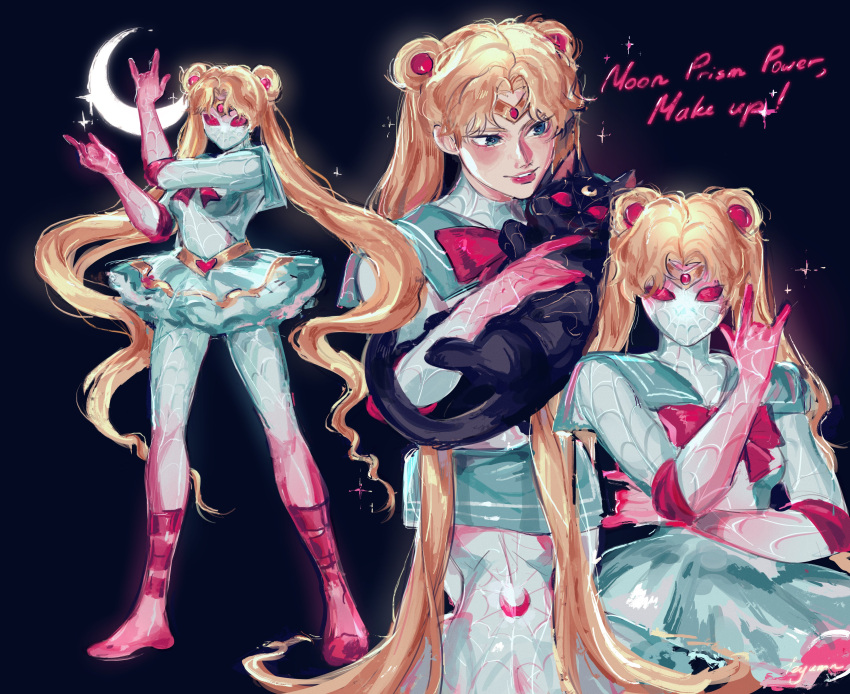 1girl absurdres animal bishoujo_senshi_sailor_moon blonde_hair blue_eyes cat cosplay crescent_moon double_bun dress hair_bun highres holding holding_animal holding_cat izyumn long_hair luna_(sailor_moon) marvel miniskirt moon sailor_dress sailor_moon skirt sparkle spider-man spider-man:_across_the_spider-verse spider-man_(cosplay) spider-man_(series) spider-verse spider_web_print twintails