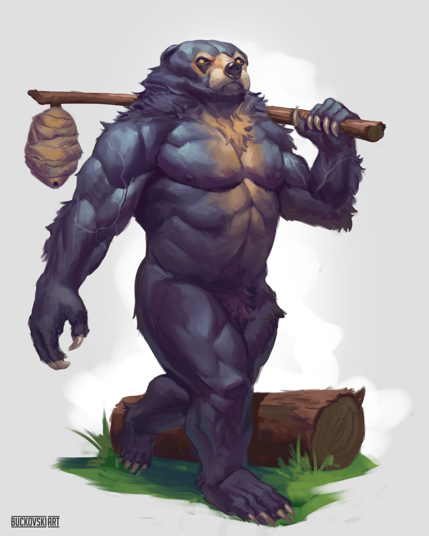 2023 abs absurd_res anthro bear beehive biceps biped black_body black_fur buckovskiart crotch_tuft digital_media_(artwork) fur grass hi_res holding_object male mammal muscular muscular_anthro muscular_male muscular_thighs nipples nude pecs plant plantigrade quads solo sun_bear tan_body tan_fur thick_thighs tuft ursine vein veiny_muscles walking were wereursid