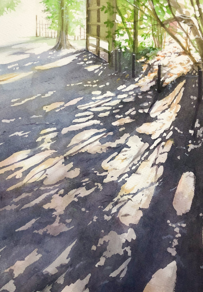 day highres nature no_humans original painting_(medium) scenery shadow sunlight tlctm7h8wdwnthx traditional_media tree tree_shade watercolor_(medium)