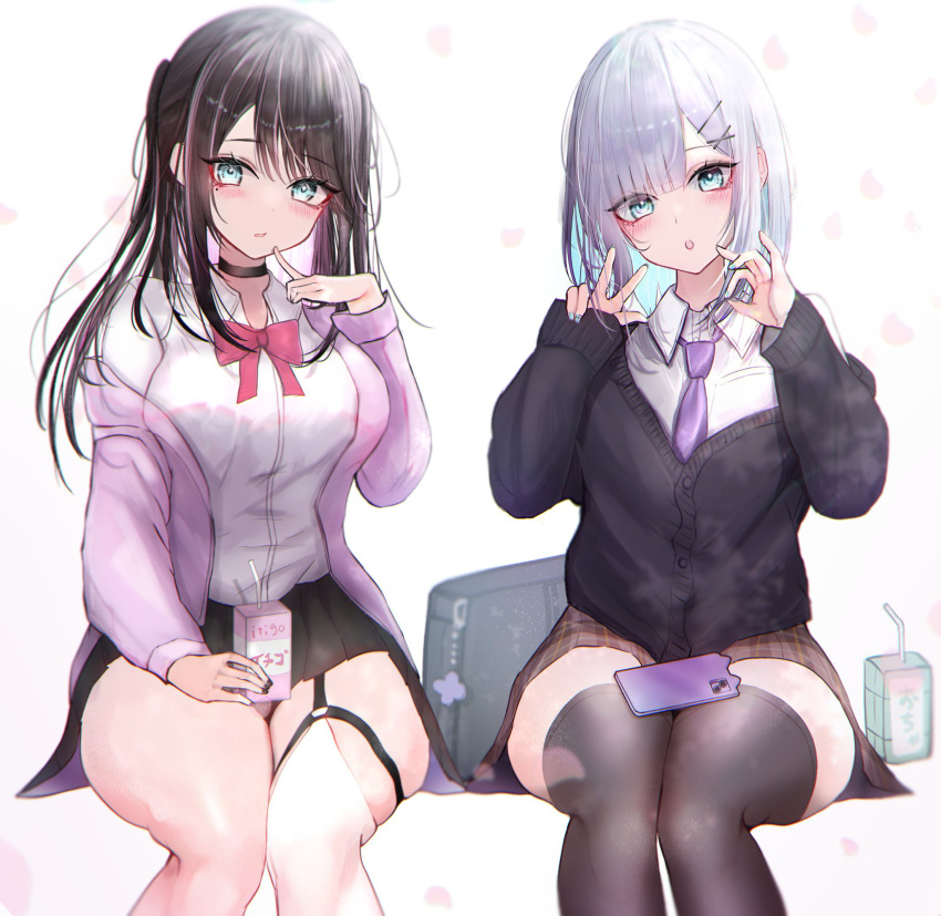 2girls :o aqua_nails bag black_cardigan black_choker black_hair black_nails black_skirt black_thighhighs blue_hair blunt_bangs blush bow bowtie breasts brown_skirt cardigan choker collared_shirt colored_inner_hair dress_shirt finger_to_cheek garter_straps green_eyes grey_hair hair_ornament highres juice_box kaga_nazuna kaga_sumire large_breasts light_blue_hair long_hair long_sleeves looking_at_viewer medium_hair miniskirt mole mole_under_eye multicolored_hair multiple_girls necktie pink_bow pink_bowtie pink_cardigan pink_hair plaid plaid_skirt pleated_skirt purple_necktie school_bag school_uniform shirt siblings simple_background single_thighhigh sisters sitting skirt streaked_hair swept_bangs thighhighs thighs virtual_youtuber vspo! wakka_irasuto white_background white_shirt white_thighhighs x_hair_ornament zettai_ryouiki