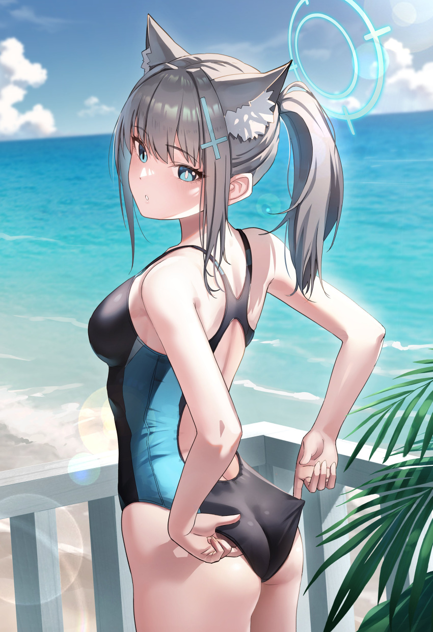 1girl absurdres adjusting_clothes adjusting_swimsuit animal_ear_fluff animal_ears ass back bare_shoulders black_hair black_one-piece_swimsuit blue_archive blue_eyes blue_halo blue_sky blush breasts competition_swimsuit cowboy_shot cross_hair_ornament day extra_ears from_behind grey_hair hair_ornament halo highleg highleg_swimsuit highres long_hair looking_at_viewer looking_back medium_breasts medium_hair mismatched_pupils multicolored_clothes multicolored_swimsuit niwachichi_(maekawasan) official_alternate_costume one-piece_swimsuit outdoors ponytail shiroko_(blue_archive) shiroko_(swimsuit)_(blue_archive) sidelocks sky solo standing swimsuit thighs two-tone_swimsuit water wolf_ears