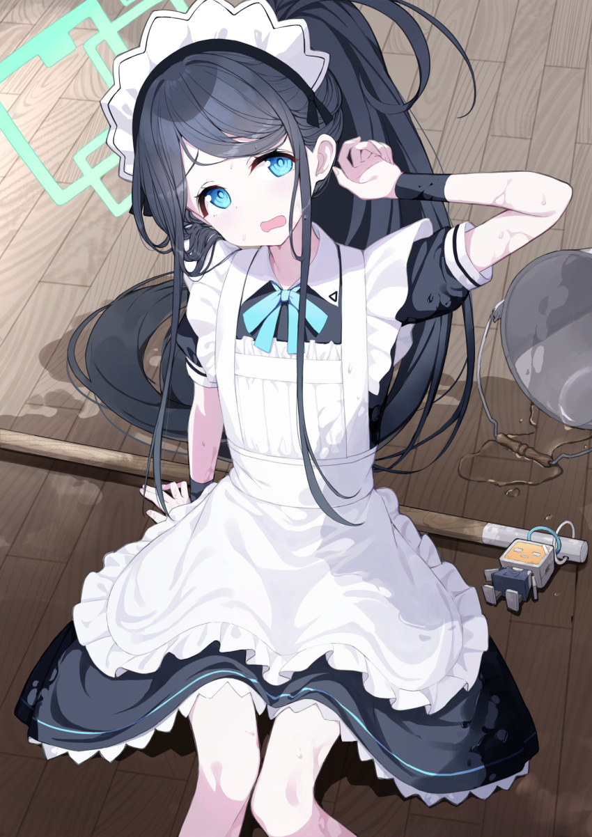 &lt;key&gt;_(robot)_(blue_archive) 1girl apron aris_(blue_archive) aris_(maid)_(blue_archive) arm_support black_armband black_dress black_hair blue_archive blue_eyes blue_ribbon broom bucket bucket_of_water bucket_spill collared_dress commentary_request dress feet_out_of_frame frilled_apron frills from_above furrowed_brow halo head_tilt highres knees_together_feet_apart long_hair looking_at_viewer looking_up maid maid_apron maid_headdress neck_ribbon nogami_(minamiituki) on_floor ponytail puffy_short_sleeves puffy_sleeves raised_eyebrows ribbon short_dress short_sleeves sitting solo spill swept_bangs very_long_hair wavy_mouth wet wet_clothes wet_floor wooden_floor