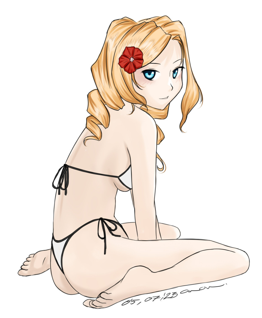1girl anon. ass barefoot bikini blonde_hair blue_eyes breasts dated drill_hair flower hair_flower hair_ornament highres honolulu_(kancolle) kantai_collection large_breasts long_hair looking_at_viewer official_alternate_costume side-tie_bikini_bottom simple_background sitting solo swimsuit thong_bikini twin_drills wariza white_background white_bikini