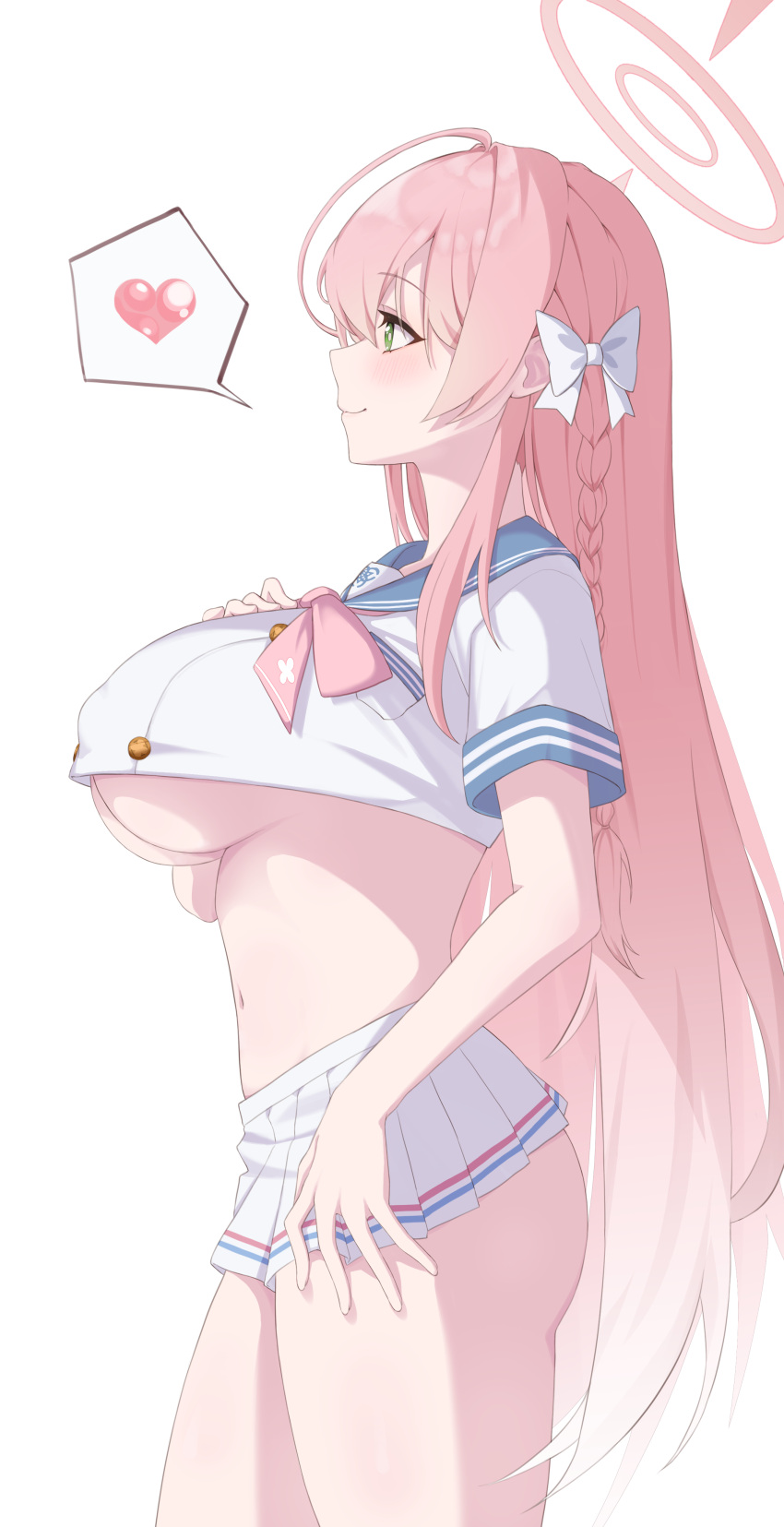 1girl absurdres ass blue_archive blue_sailor_collar bow braid breasts closed_mouth covered_nipples crop_top green_eyes hair_bow halo hanako_(blue_archive) heart highres large_breasts long_hair miniskirt navel pink_hair profile sailor_collar short_hair simple_background single_braid skirt smile solo spoken_heart standing thighs underboob white_background white_bow white_skirt yn_6262