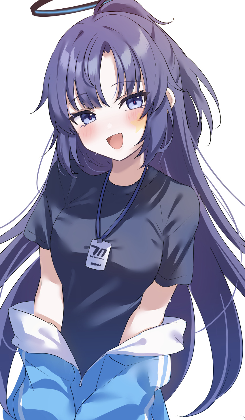 1girl absurdres black_shirt blue_archive blue_jacket blush facial_mark halo highres id_card jacket jacket_pull lanyard long_hair looking_at_viewer mechanical_halo official_alternate_costume open_mouth partially_unzipped ponytail purple_eyes purple_hair shinzousan shirt short_sleeves smile solo star_(symbol) track_jacket upper_body yuuka_(blue_archive) yuuka_(track)_(blue_archive)