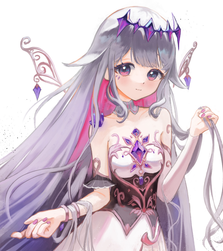 1girl absurdres besidoesart black_corset bridal_gauntlets collar colored_inner_hair corset crystal detached_collar dress gauntlets grey_hair highres holding holding_hair hololive hololive_english koseki_bijou looking_at_viewer multicolored_hair nail_polish pink_hair pink_nails purple_eyes single_gauntlet smile solo virtual_youtuber white_background white_bridal_gauntlets white_collar white_dress