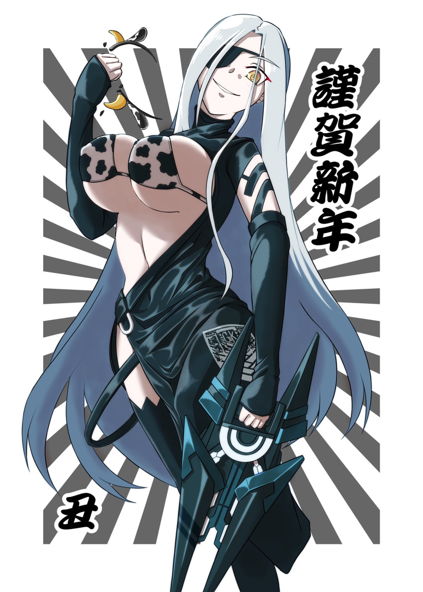 1girl alchemist_(girls'_frontline) animal_ears animal_print bikini bikini_top_only black_dress black_gloves black_thighhighs breasts broken clenched_hand commentary_request cow_ears cow_horns cow_print crushing dress elbow_gloves eyepatch fake_animal_ears fake_horns false_smile feet_out_of_frame fingerless_gloves girls'_frontline gloves griffin_&amp;_kryuger grin gun hair_over_eyes hairband head_tilt highres holding holding_gun holding_weapon horns kuroketto large_breasts long_hair looking_at_viewer sangvis_ferri simple_background skindentation smile solo standing sunburst sunburst_background swimsuit thighhighs translation_request turtleneck_dress very_long_hair weapon white_hair yellow_eyes