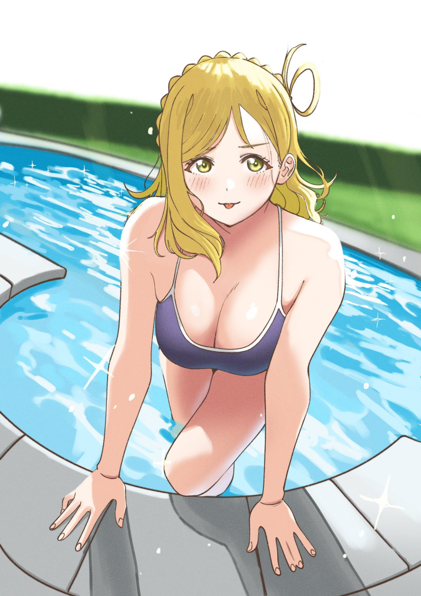 1girl :p arm_support bare_shoulders blonde_hair blush braid breasts cleavage commentary_request crown_braid dunchy hair_rings highres large_breasts looking_at_viewer love_live! love_live!_sunshine!! ohara_mari pool school_swimsuit solo swimsuit tongue tongue_out water yellow_eyes