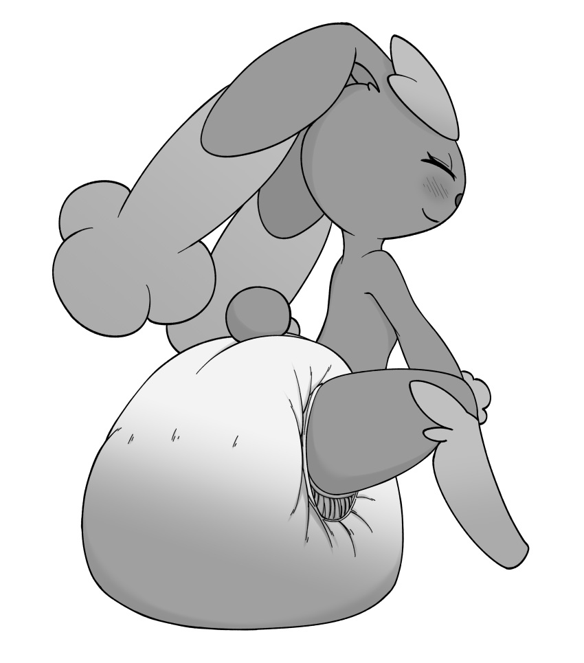 absurd_res ambiguous_gender anthro big_ears blush clothed clothing crouching diaper diaper_fetish diaper_only diaper_squish diaper_use eyes_closed feces generation_4_pokemon hi_res lopunny messing_diaper messy_diaper monochrome nintendo octojo pokemon pokemon_(species) pooping scut_tail short_tail simple_background smile soiled_diaper soiling soiling_diaper solo tail topless white_background white_diaper