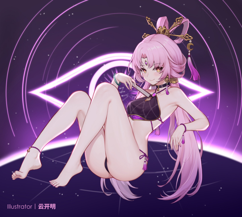 1girl ass bare_legs bare_shoulders barefoot blush bracelet breasts forehead_jewel fu_xuan_(honkai:_star_rail) hair_ornament hair_stick hand_fan highres honkai:_star_rail honkai_(series) jewelry long_hair looking_at_viewer paper_fan parted_bangs pink_eyes pink_hair small_breasts solo swimsuit thighs toes twintails very_long_hair yellow_eyes yunkaiming