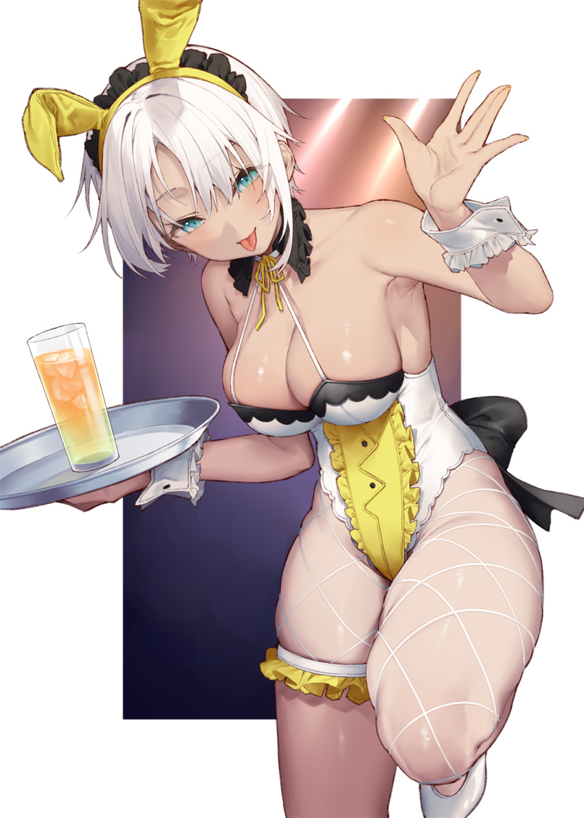 1girl animal_ears bare_shoulders blue_eyes breasts fishnets glass highres large_breasts looking_at_viewer original playboy_bunny rabbit_ears short_hair simple_background solo thick_thighs thigh_strap thighs tokuno_yuika tongue tongue_out tray white_hair