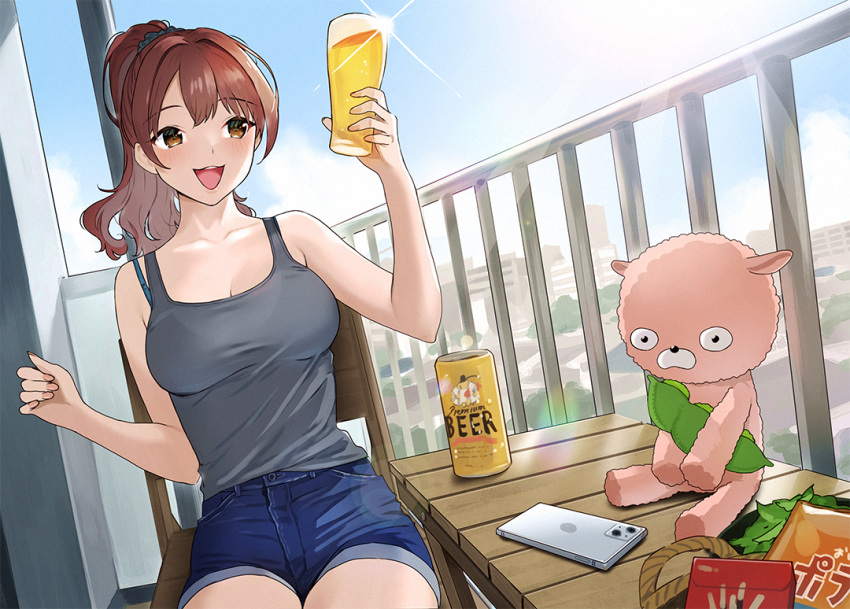 1girl alcohol arm_up balcony bare_arms bare_shoulders basket beer beer_can beer_glass black_scrunchie black_tank_top blue_sky blush bra_strap breasts brown_hair can cellphone chair city cityscape cloud cloudy_sky cup denim denim_shorts doushimasho hair_ornament hair_scrunchie holding holding_cup leaf long_hair nail_polish open_mouth original outdoors phone pink_nails railing scrunchie shorts sitting sky sleeveless smartphone stuffed_animal stuffed_toy table tank_top teddy_bear teeth thighs upper_teeth_only wooden_chair wooden_table yellow_eyes