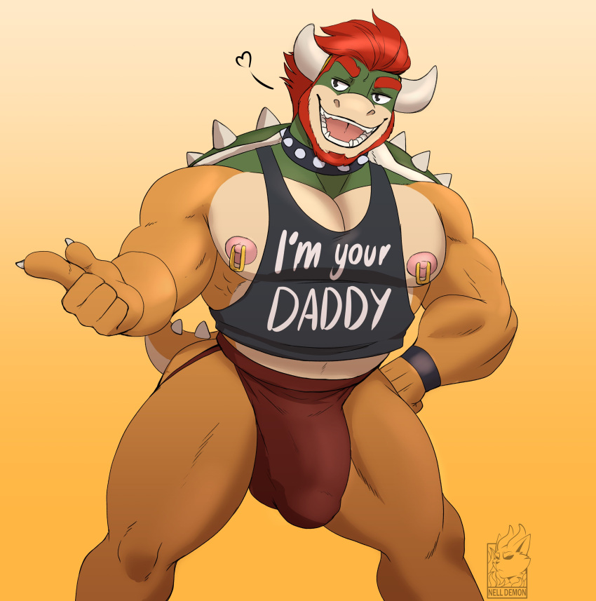 &lt;3 2023 absurd_res anthro barazoku beard biceps big_bulge big_muscles big_pecs bowser bowser_day bracelet bulge claws clothed clothing collar daddy_kink english_text eyebrows facial_hair gesture hair hand_on_hip hi_res horn huge_bulge huge_muscles jewelry jockstrap koopa male mario_bros muscular muscular_anthro muscular_male nelldemon nintendo nipple_piercing nipple_ring nipples non-mammal_nipples obliques open_mouth open_smile pecs piercing ring_piercing scalie shell shirt simple_background smile solo spiked_collar spiked_shell spiked_tail spikes spikes_(anatomy) standing tail tank_top teeth text text_on_clothing text_on_shirt text_on_tank_top text_on_topwear thick_thighs tongue topwear underwear watermark yellow_background