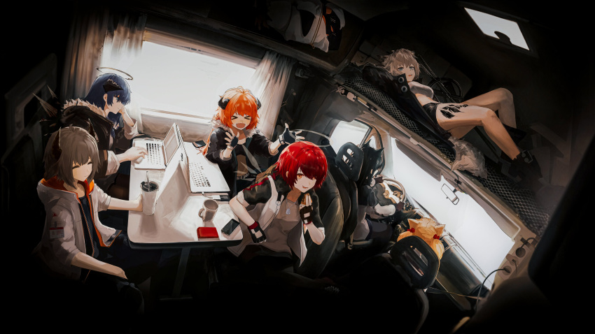&gt;_&lt; 2boys 6+girls absurdres apple_pie arknights bird bison_(arknights) blue_eyes blue_hair brown_hair car_interior cellphone closed_eyes coffee_cup commentary croissant_(arknights) cup disposable_cup dog_tags drinking_straw driving eating english_commentary exusiai_(arknights) fang fingerless_gloves food fur-trimmed_jacket fur_trim gloves halo hand_on_own_chin head_rest highres holding holding_food horns jacket lappland_(arknights) light_smile lying mostima_(arknights) multiple_boys multiple_girls notebook on_back open_clothes open_jacket orange_hair oripathy_lesion_(arknights) penguin penguin_logistics_(arknights) phone pie rear-view_mirror red_hair runamonet short_hair sitting smartphone sora_(arknights) steering_wheel texas_(arknights) the_emperor_(arknights) vehicle_interior white_hair