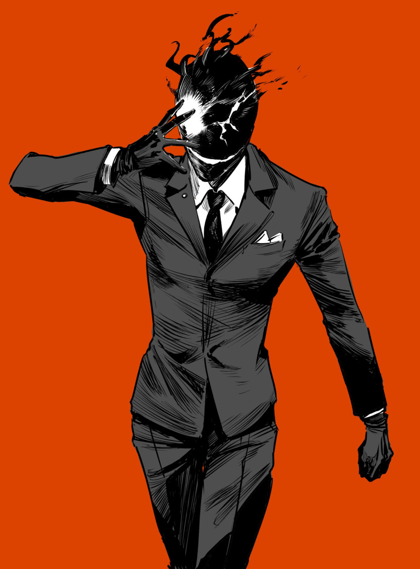 1boy black_gloves black_necktie black_pants black_skin black_suit black_suit_(blue_archive) blue_archive business_suit collared_shirt colored_skin feet_out_of_frame gloves glowing glowing_eye hand_on_own_face hand_up highres hirokazu lapels long_sleeves looking_at_viewer male_focus necktie orange_background pants pocket_square shirt simple_background solo suit white_shirt