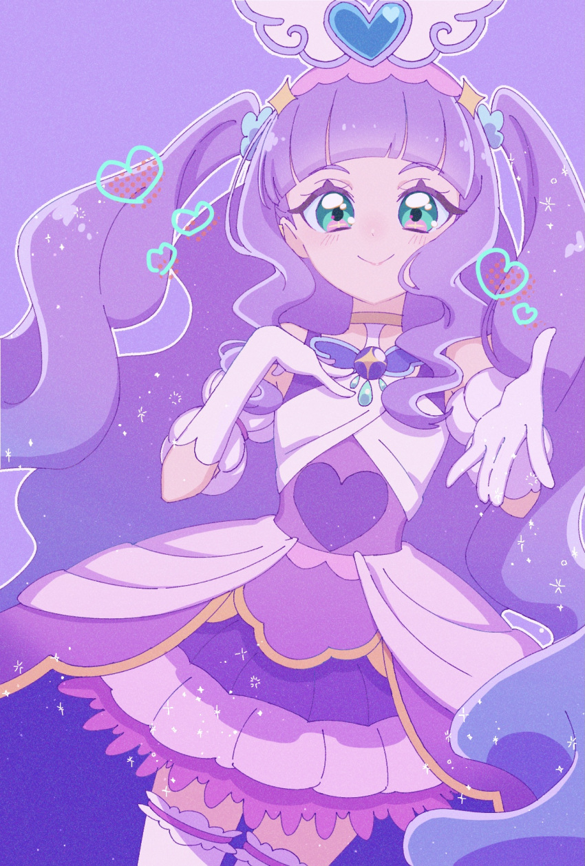 1girl aqua_eyes brooch closed_mouth clothing_cutout cowboy_shot cure_majesty dress elbow_gloves ellee-chan gloves hair_tie half-dress hand_on_own_chest highres hirogaru_sky!_precure jewelry long_hair looking_at_viewer magical_girl medium_dress miniskirt pleated_skirt precure purple_background purple_dress purple_hair purple_skirt reaching reaching_towards_viewer short_sleeves shoulder_cutout skirt smile solo standing thighhighs two_side_up usiusi_nanas white_gloves white_thighhighs wing_brooch wing_hair_ornament
