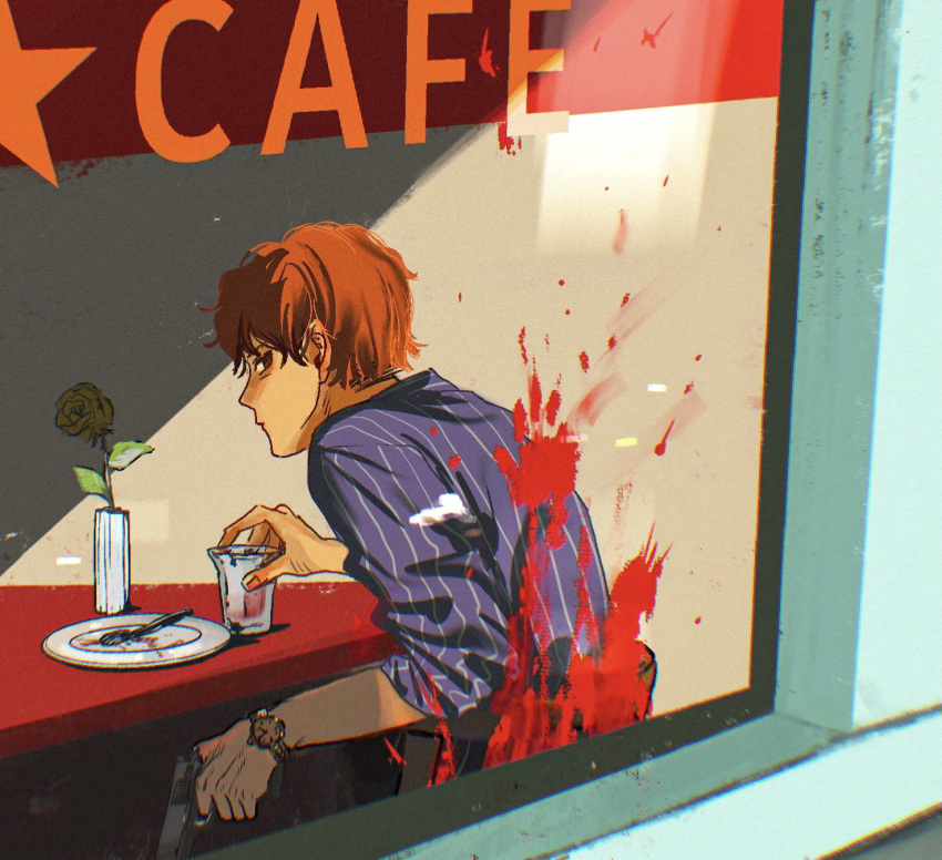 1boy blood_on_window bloody_handprints cafe closed_mouth commentary_request cup day drinking_glass empty_eyes english_text expressionless flower from_behind from_outside gun handgun highres holding holding_cup holding_gun holding_weapon implied_murder looking_at_viewer looking_back male_focus on_chair orange_hair original pinstripe_pattern pinstripe_shirt plate procreate_(medium) purple_shirt red_eyes rgk1254 rose shadow shirt short_hair sitting sleeves_rolled_up striped table vase weapon yellow_flower yellow_rose