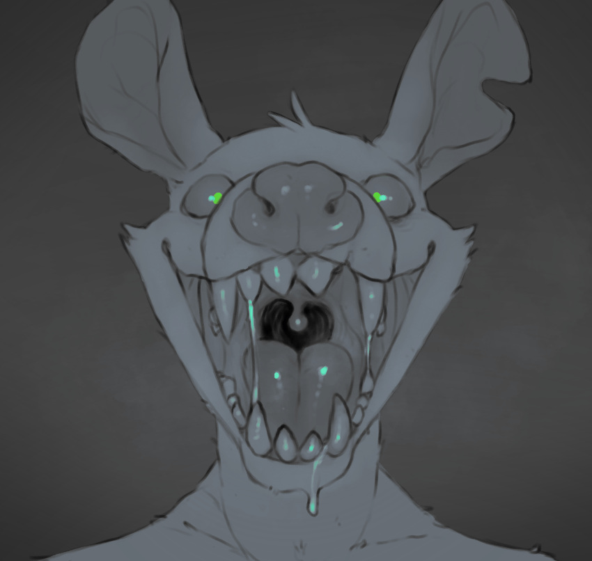 anthro bodily_fluids crimetxt didelphid dripping front_view fylk green_eyes headshot_portrait hi_res looking_at_viewer male mammal marsupial mouth_shot notched_ear open_mouth portrait saliva saliva_drip saliva_string sharp_teeth simple_background smile solo teeth tongue uvula virginia_opossum