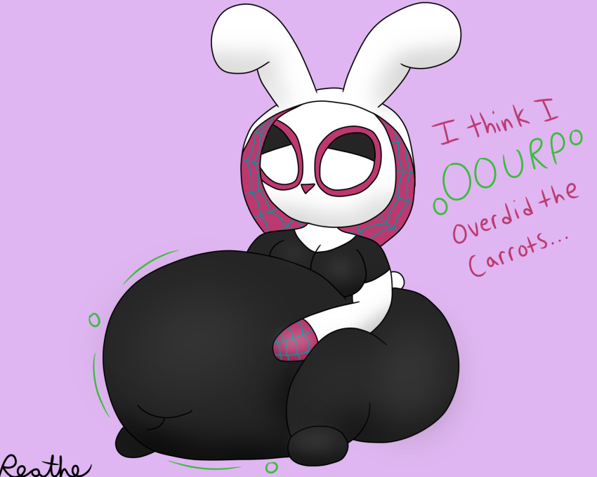 5:4 anthro big_butt black_clothing bloated breasts bunny_gwen_(reathe) burping butt clothing female hi_res hoodie huge_belly huge_butt lagomorph leporid mammal marvel mask rabbit reathe shaded simple_background simple_shading sitting solo spider-man_(series) thick_thighs tight_clothing tight_suit topwear white_clothing