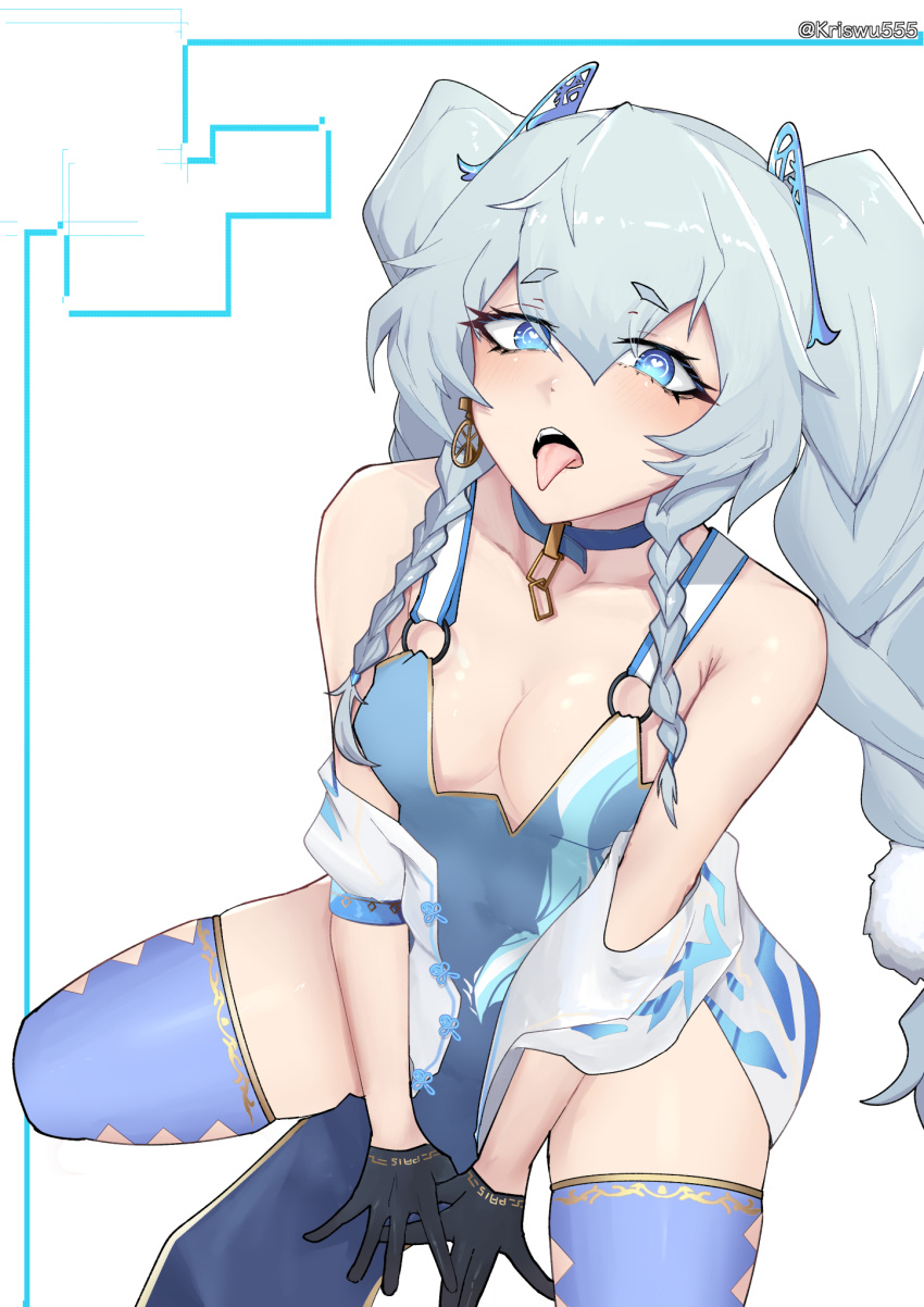 1girl argyle argyle_cutout artist_name bare_shoulders between_legs blue_choker blue_dress blue_hair blue_thighhighs braid breasts china_dress chinese_clothes choker cleavage clothing_cutout dress girls'_frontline gloves half_gloves hand_between_legs heart heart-shaped_pupils highleg highleg_dress highres light_blue_hair long_hair nightgown official_alternate_costume open_mouth pa-15_(alluring_larkspur)_(girls'_frontline) pa-15_(girls'_frontline) pelvic_curtain symbol-shaped_pupils thighhighs tongue tongue_out twin_braids white_nightgown wuwuwu_(kriswu555)