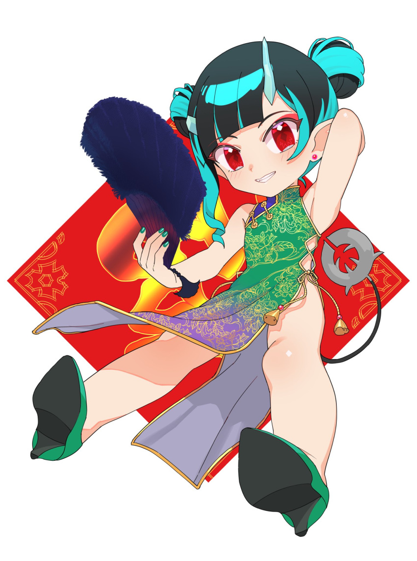 1girl alternate_costume alternate_hairstyle arm_behind_back armpits black_hair blue_hair blunt_bangs blush buren china_dress chinese_clothes commentary_request demon_girl demon_horns demon_tail double_bun dress earrings flat_chest folding_fan full_body green_dress green_footwear green_nails grin hair_bun hand_fan high_heels highres holding holding_fan horns jewelry looking_at_viewer medium_bangs multicolored_hair nanashi_inc. pointy_ears red_eyes shishio_chris short_hair smile solo stud_earrings tail two-tone_hair virtual_youtuber white_background