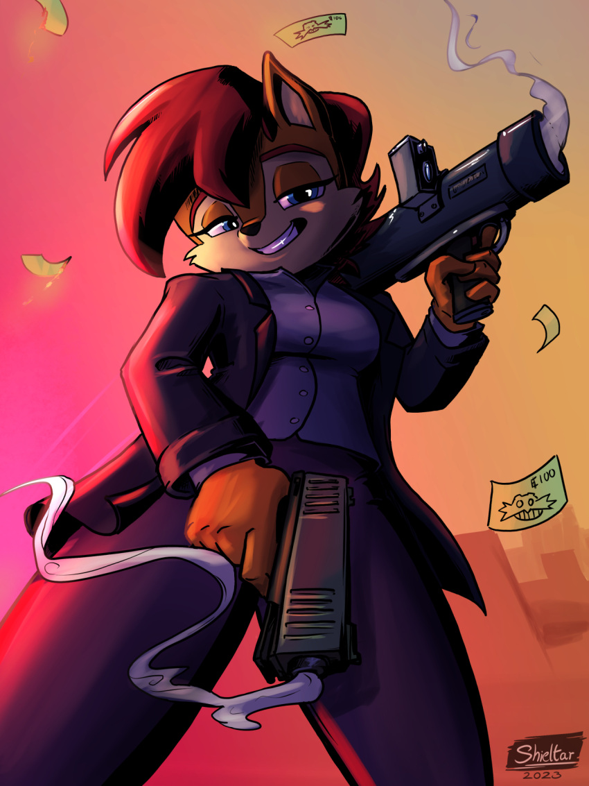 2023 anthro archie_comics blue_eyes breasts brown_body brown_fur chipmunk clothed clothing currency female fur grin ground_squirrel gun hair handgun hi_res low-angle_view mammal missile_launcher pistol ranged_weapon red_hair rodent sally_acorn sciurid sega shieltar smile solo sonic_the_hedgehog_(archie) sonic_the_hedgehog_(comics) sonic_the_hedgehog_(series) weapon