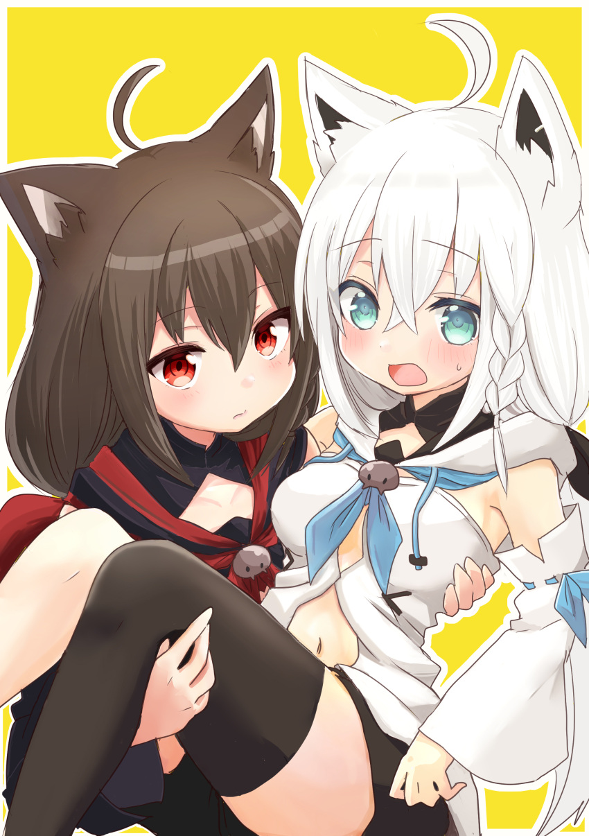 2girls absurdres ahoge animal_ear_fluff animal_ears black_hair black_hoodie black_shorts black_thighhighs blue_neckerchief blush braid carrying commentary_request detached_sleeves earrings fox_ears fox_girl green_eyes hair_between_eyes highres hololive hood hoodie jewelry kurokami_fubuki long_hair looking_at_viewer multiple_girls navel neckerchief open_mouth princess_carry red_eyes red_neckerchief roboro935672 shirakami_fubuki short_shorts shorts sidelocks simple_background single_braid single_thighhigh thighhighs virtual_youtuber white_hair white_hoodie yellow_background