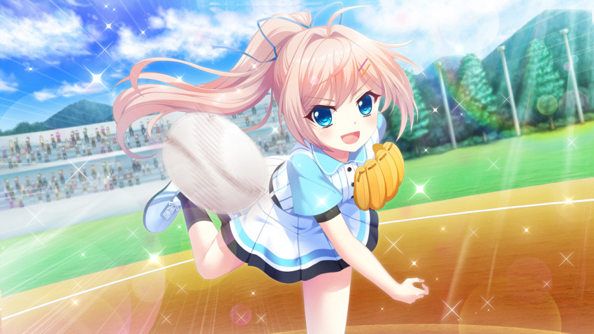 1girl ahoge baseball baseball_(object) baseball_jersey baseball_mitt black_socks bleachers blue_collar blue_eyes blue_footwear blue_ribbon blue_sky buttons cloud collar cross-laced_footwear crowd day dot_nose dutch_angle emphasis_lines film_grain game_cg grass hair_intakes hair_ornament hair_ribbon hairclip high_ponytail himura_nagisa izumi_tsubasu lens_flare mountainous_horizon non-web_source official_art open_mouth outdoors pink_hair pitching pitching_mound playing_sports pole re:stage! ribbon shoes skirt sky smile socks solo sparkle standing standing_on_one_leg throwing tree white_skirt
