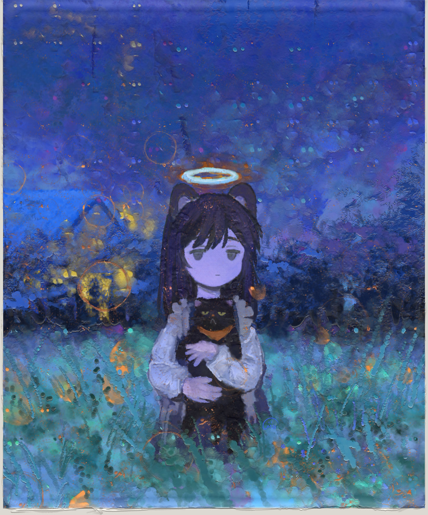 1girl absurdres animal animal_ears animal_hug blue_sky brown_hair cat cat_ears cat_girl ciel_(paradis47) grass hair_between_eyes halo highres holding holding_animal holding_cat hood hood_down hoodie house impasto jitome long_hair long_sleeves looking_ahead nature night o_o original outdoors sidelocks sky solid_eyes solo straight_hair traditional_media upper_body white_hoodie