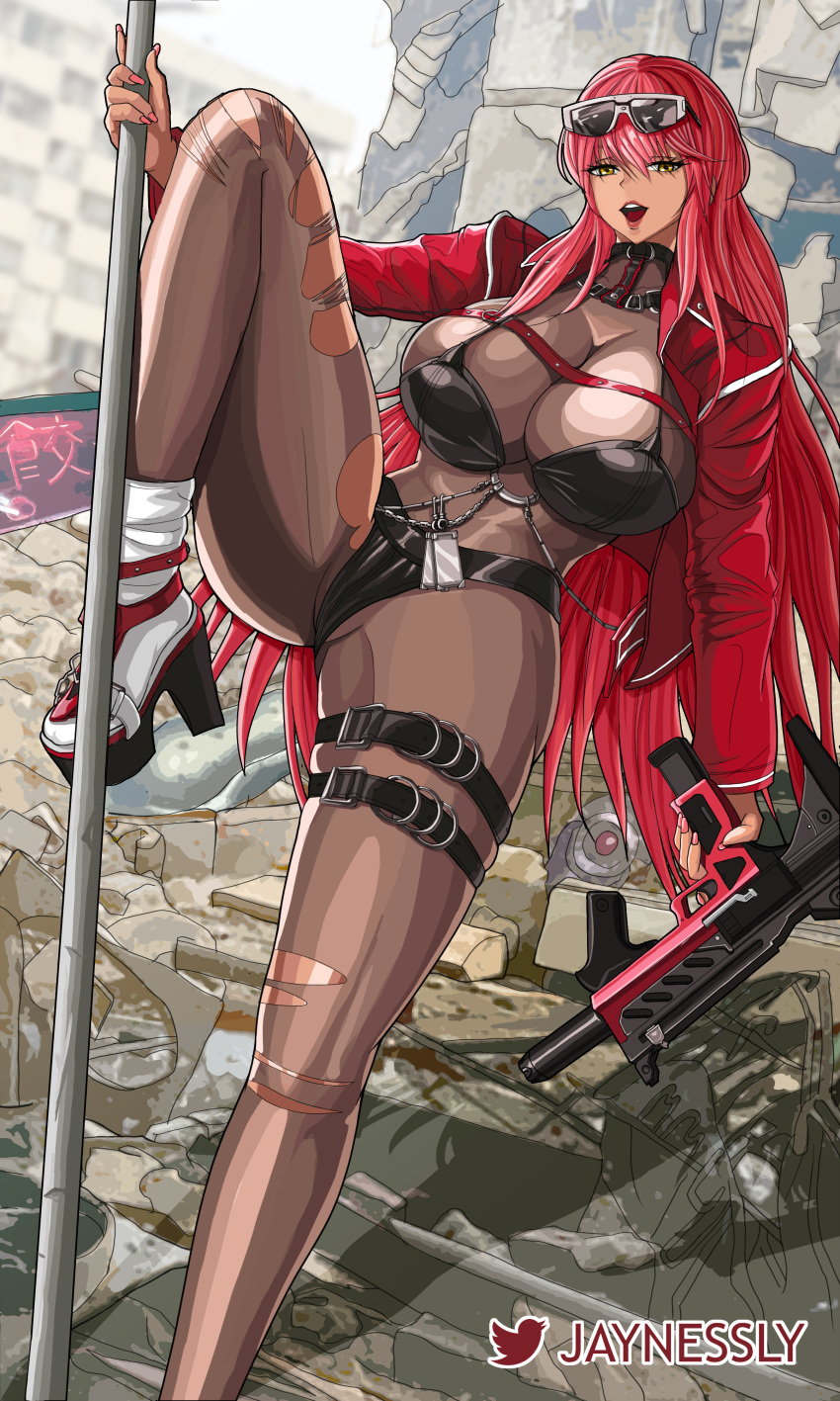 1girl absurdres ass_visible_through_thighs belt bikini bikini_over_clothes black_belt black_bikini bodystocking breasts brown_eyes cleavage crotch dark-skinned_female dark_skin eyewear_on_head foot_out_of_frame goddess_of_victory:_nikke gun high_heels highres holding holding_gun holding_pole holding_weapon huge_breasts jacket jaynessly leather leather_jacket leg_up lips long_hair long_legs nail_polish open_clothes open_jacket open_mouth outdoors pink_nails pole red_hair red_jacket rubble ruins see-through_cleavage sidelocks socks solo standing standing_on_one_leg sunglasses swimsuit thigh_belt thigh_strap thighs torn_bodystocking torn_clothes twitter_username volume_(nikke) weapon white_socks