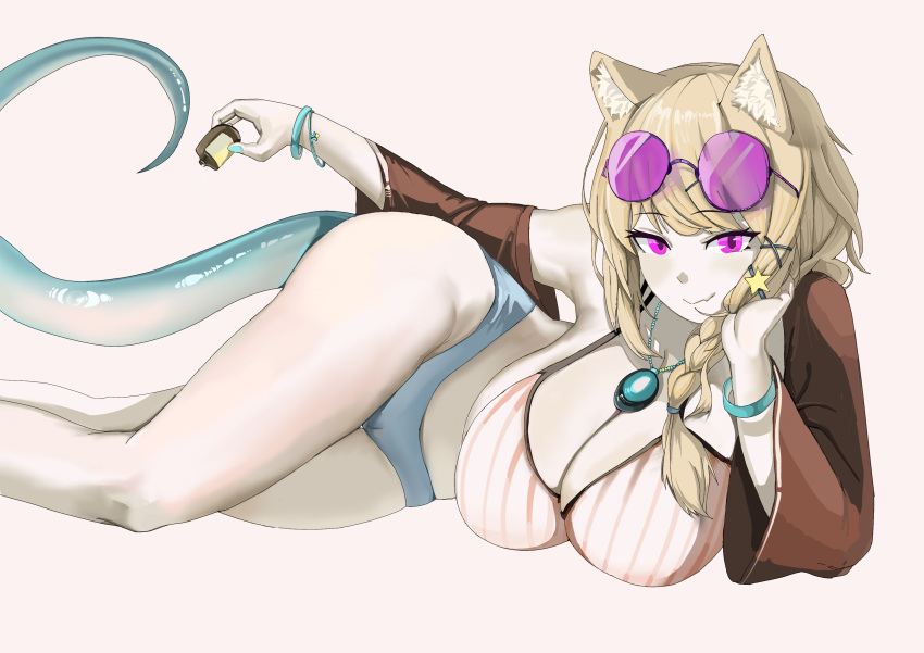 1girl absurdres animal_ear_fluff animal_ears aqua_nails arknights bigyann176 bikini blonde_hair blue_panties blue_tail breasts cleavage eyewear_on_head hair_ornament highres holding holding_jar jar jewelry large_breasts looking_at_viewer lying necklace panties purple_eyes smile solo star_(symbol) star_hair_ornament striped striped_bikini sunglasses swimsuit thighs underwear utage_(arknights)