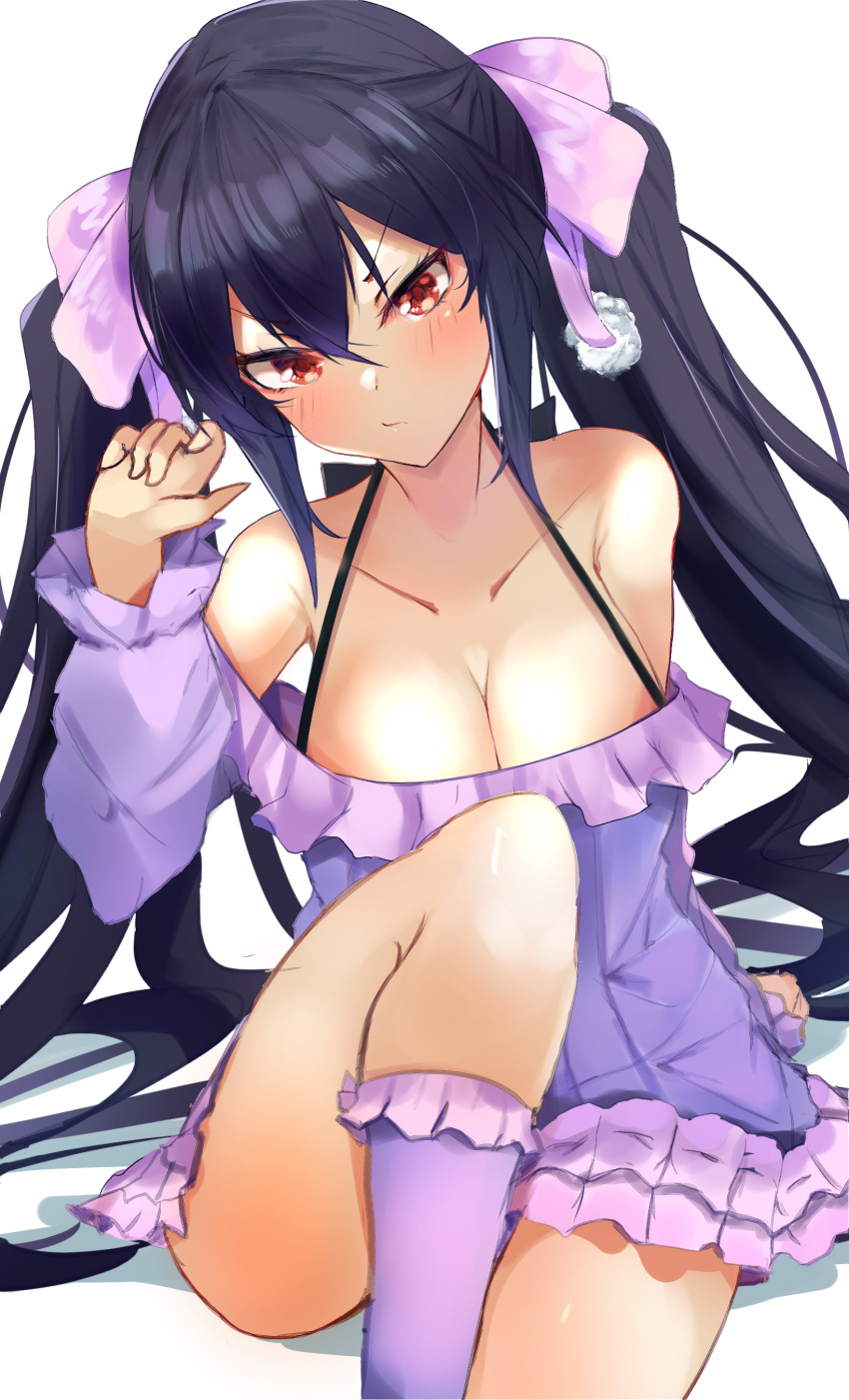 1girl absurdres alternate_breast_size bare_shoulders bimmy black_hair blush breasts cleavage commentary dress frills hair_between_eyes hair_ribbon highres large_breasts long_hair looking_at_viewer neptune_(series) noire_(neptune_series) red_eyes ribbon solo twintails