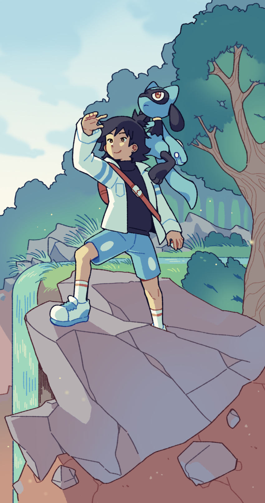 1boy arm_up bag black_hair black_shirt blue_shorts brown_eyes closed_mouth commentary commission day english_commentary full_body highres holding holding_poke_ball jacket magicact male_focus medium_hair on_shoulder open_clothes open_jacket original outdoors poke_ball poke_ball_(basic) pokemon pokemon_(creature) pokemon_on_shoulder riolu river shirt shoes shorts smile sneakers socks standing tree water waterfall white_footwear white_jacket white_socks