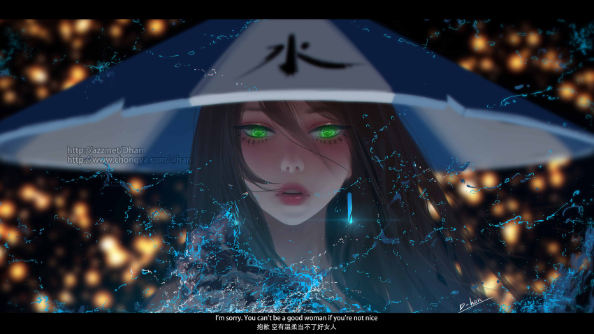 1girl absurdres artist_name black_hair chinese_text d-han earrings english_text green_eyes hair_over_face hat highres jewelry lipstick long_hair looking_to_the_side makeup naruto naruto_(series) naruto_shippuuden open_mouth signature solo terumi_mei water water_drop web_address