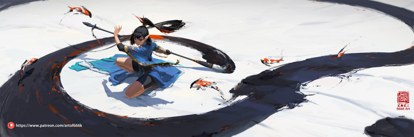 1girl black_eyes black_hair chinese_clothes commentary_request fighting_stance fish highres holding holding_paintbrush ink kan_liu_(666k) koi long_hair original paintbrush pointy_ears solo web_address