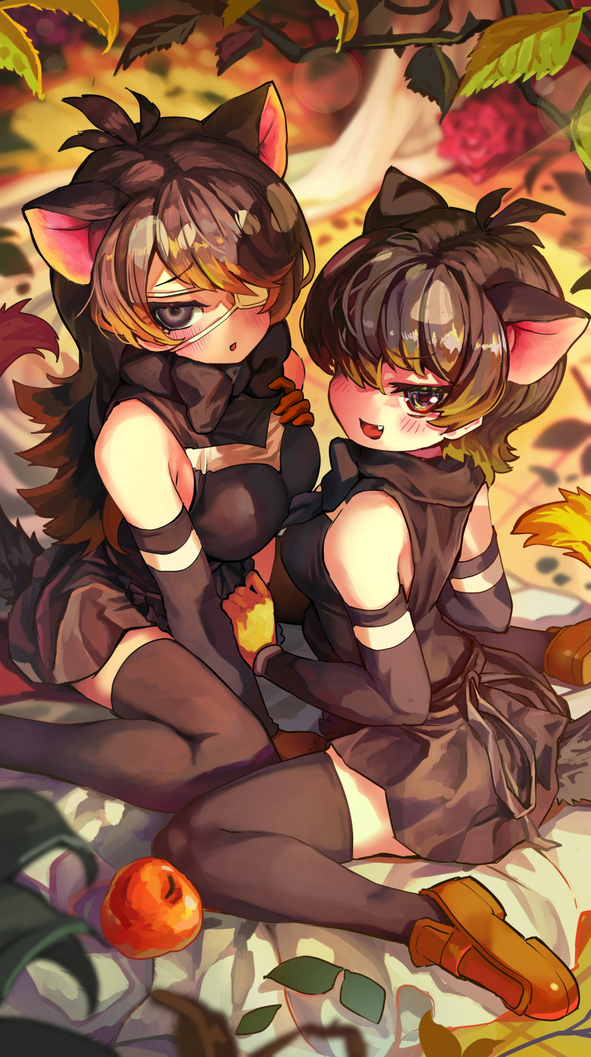 2girls absurdres apple apron australian_devil_(kemono_friends) bare_shoulders black_apron black_bow black_bowtie black_hair black_shirt black_skirt black_thighhighs blush bow bowtie brown_eyes brown_footwear brown_gloves brown_hair detached_sleeves extra_ears eyepatch fang flower food fruit gloves highres kemono_friends loafers long_hair looking_at_viewer medical_eyepatch melaton multicolored_hair multiple_girls open_mouth rose shirt shoes short_hair sitting skirt tasmanian_devil_(kemono_friends) tasmanian_devil_ears tasmanian_devil_tail thighhighs wariza white_hair zettai_ryouiki