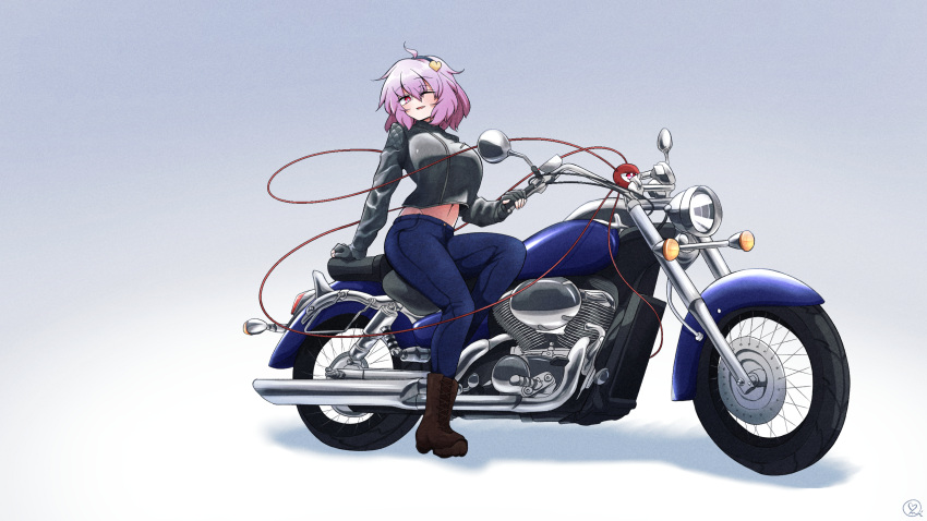 ahoge black_gloves black_hairband blush boots breasts brown_footwear commentary_request cropped_jacket cross-laced_footwear denim engine exhaust_pipe fingerless_gloves full_body gloves hair_ornament hairband heart heart_hair_ornament highres holding jacket jeans komeiji_satori lace-up_boots leather leather_jacket leg_up long_sleeves looking_at_viewer medium_breasts messy_hair midriff motor_vehicle motorcycle navel one_eye_closed open_mouth pants purple_hair red_eyes scavia10 shadow signature simple_background sitting sitting_on_object stomach third_eye touhou vehicle_focus white_background