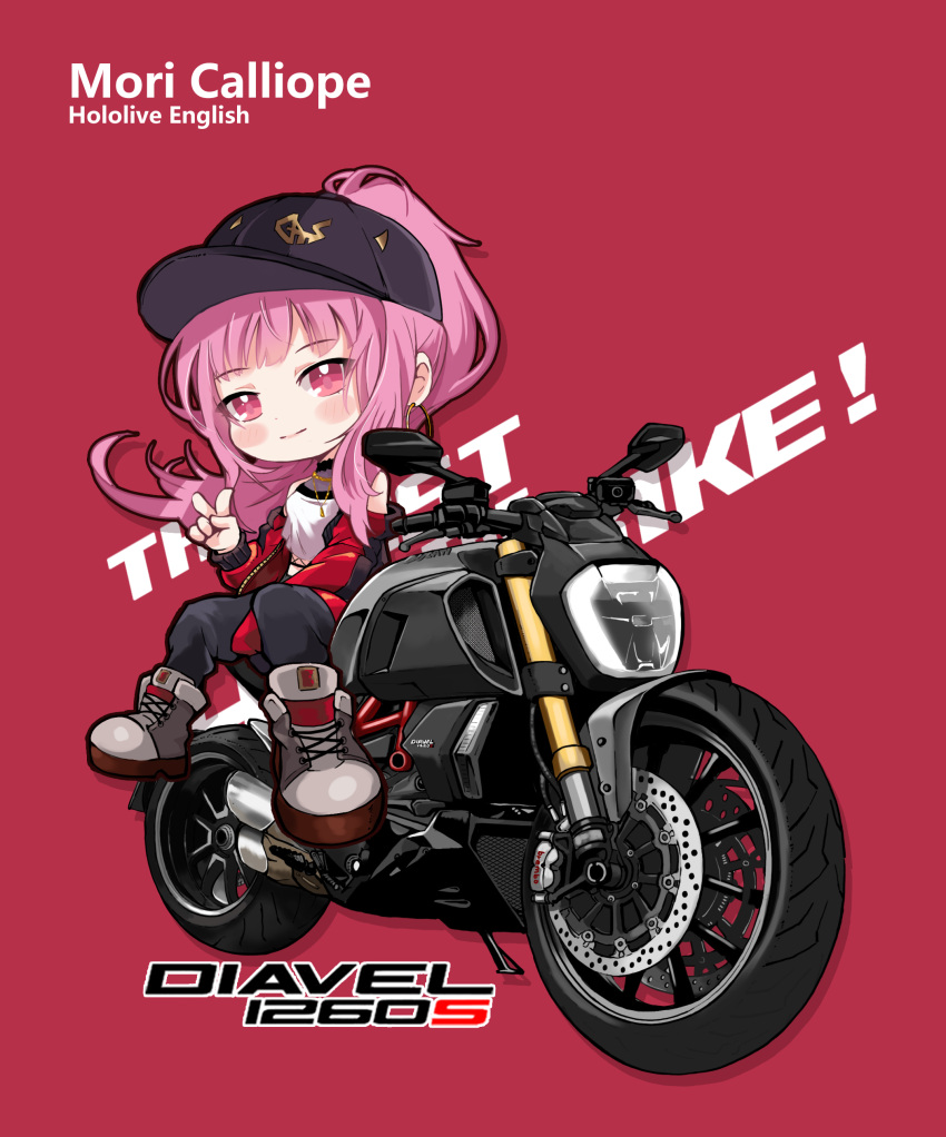 1girl absurdres baseball_cap black_pants blush character_name chibi copyright_name ducati ducati_diavel_1260 english_text grey_footwear hat highres hololive hololive_english jacket long_hair looking_at_viewer mori_calliope mori_calliope_(2nd_costume) motor_vehicle motorcycle multicolored_clothes multicolored_jacket official_alternate_costume on_motorcycle pants pink_hair ponytail red_background red_eyes shoes sitting smile sneakers solo track_pants two-tone_jacket v vehicle_name virtual_youtuber yoyoko707